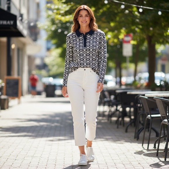 Zara Tops - Zara Geometric Deep Navy Blue and White Women's L Stretch Collar Long Sleeve Top